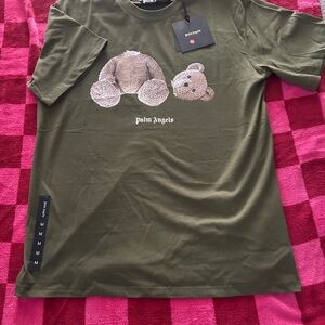 Palm Angels Olive Green Short Sleeve Tee with Cartoon Animal Graphic